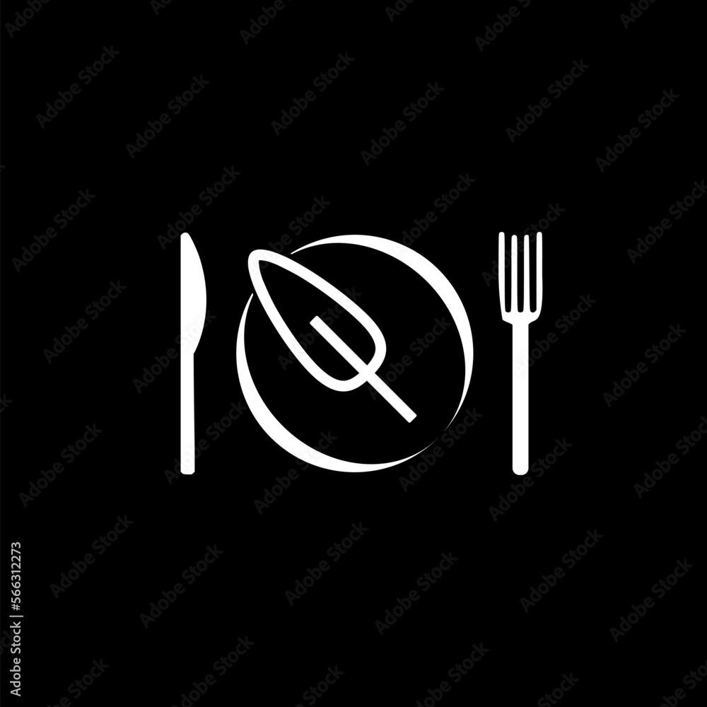 Plate, fork with knife and leaf sign Organic fresh eat icon isolated on black background. Plate, fork with knife and leaf sign Organic fresh eat icon isolated on black background.