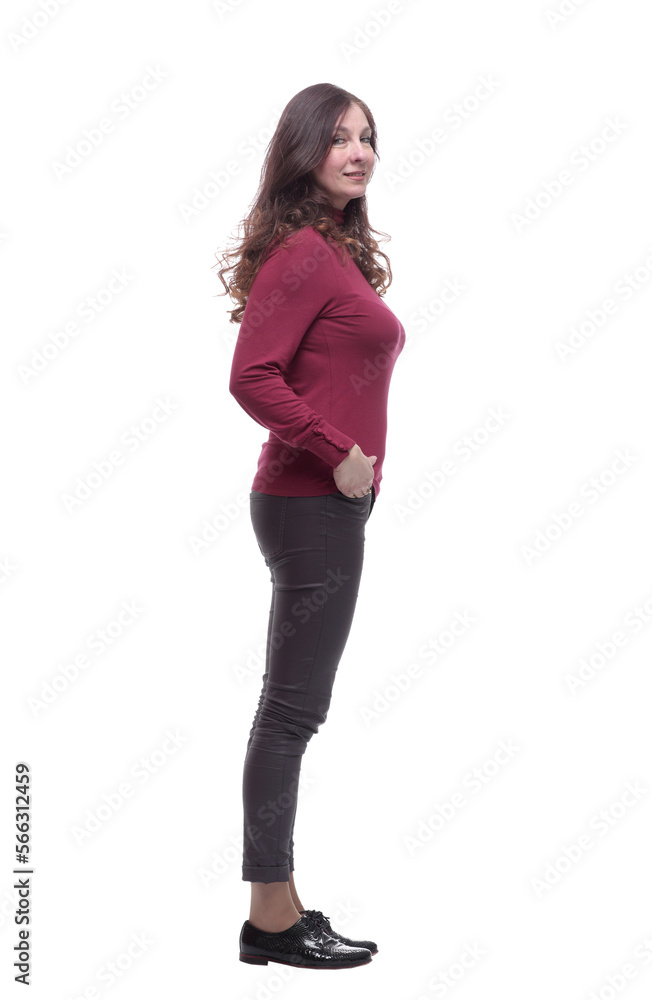 side view. casual young woman looking at a white screen side view. casual young woman looking at a white screen