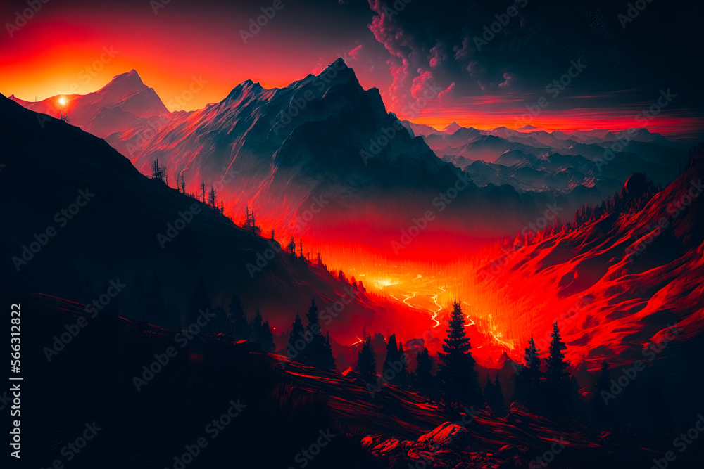 carpathian mountains as background, ethereal, landscape, haunted, dark fantasy, at sunrise with fiery embers