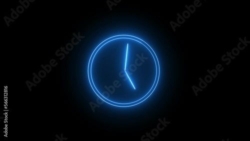 Blue color bright clock with  glowing neon light . wall clock timer .12 hour is going speedy , neon  analog clock .