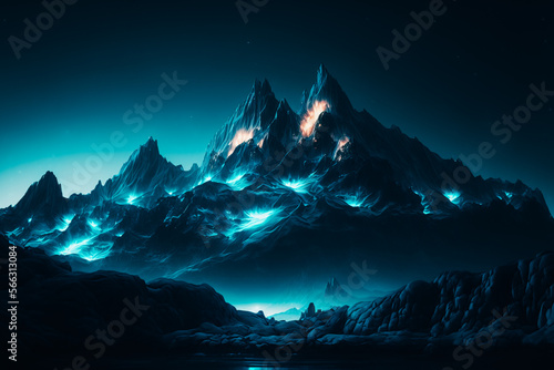 cyanluminescent mountains with white peaks, cinematic