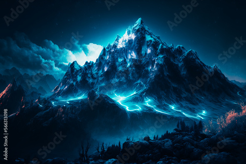 cyanluminescent mountains with white peaks, cinematic