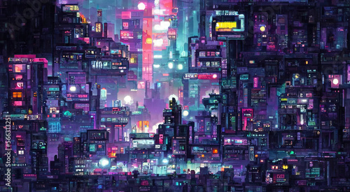 Cyberpunk neon city night. Futuristic city scene in a style of pixel art. 80's wallpaper. Retro future Generative AI illustration. Urban scene.