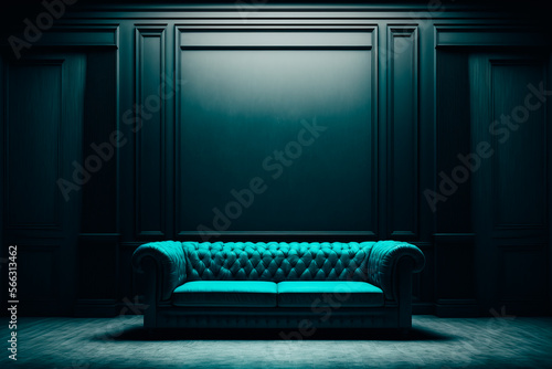 empty black big room degradade with a turquoise sofa © v.senkiv