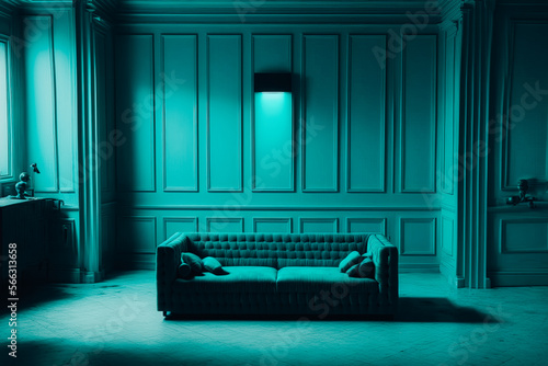 empty turquoise big room degradade with a turquoise sofa © v.senkiv