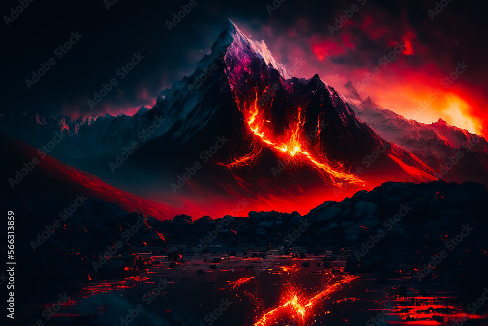 everest mountains as background, ethereal, landscape, haunted, dark fantasy, at twilight with fiery embers