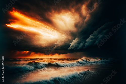 ethereal luminescent storm clouds over a wavy violent Sea at Sunrise