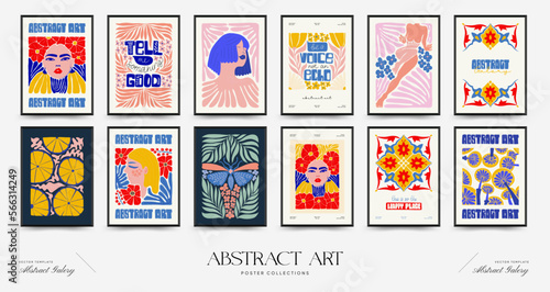 Abstract art posters template. Modern trendy Matisse minimal style. Pink, blue, yellow colors. Hand drawn design for wallpaper, wall decor, print, postcard, cover, template, banner. 