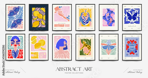 Abstract art posters template. Modern trendy Matisse minimal style. Pink, blue, yellow colors. Hand drawn design for wallpaper, wall decor, print, postcard, cover, template, banner. 