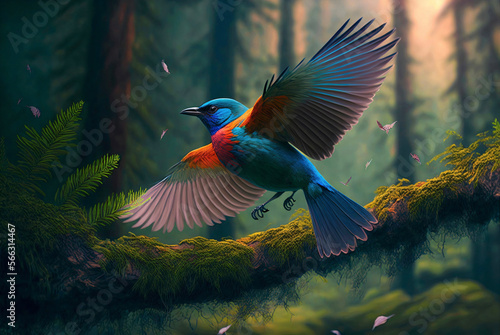 Colorful bird flying through forest 