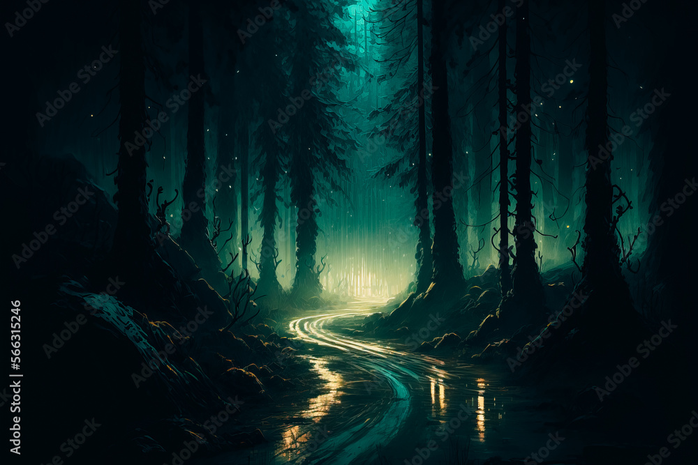 In this art piece, a forest at night is depicted in a rough painting style