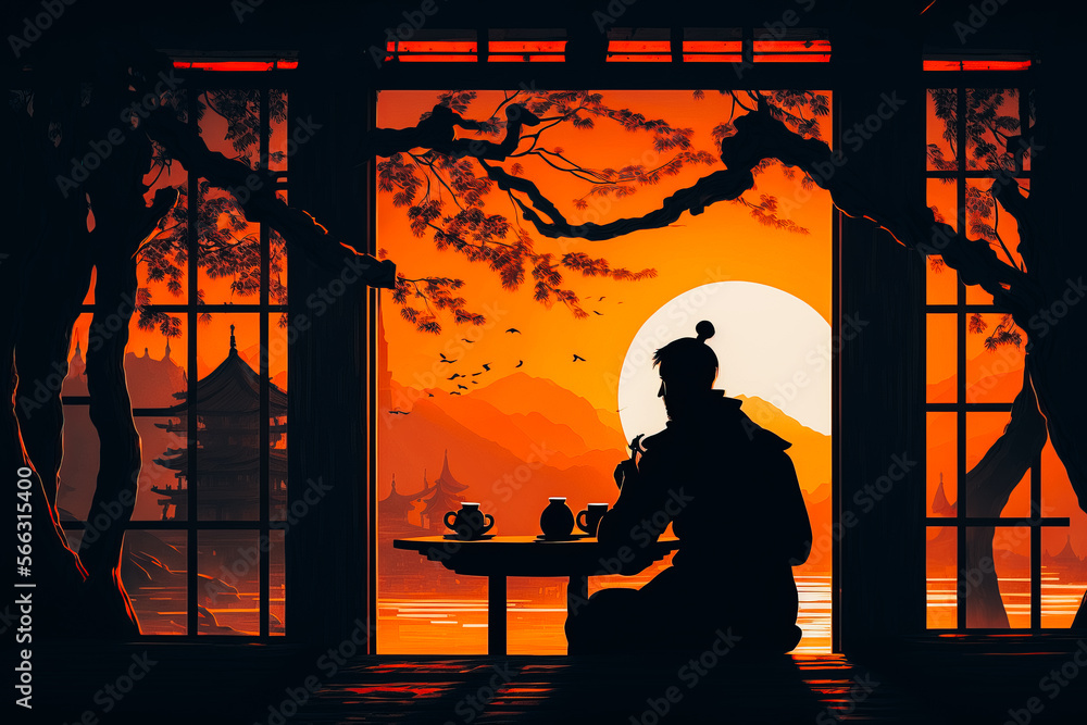 lonely man peacefully drinking her tea in teahouse