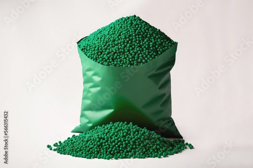 Bag with green biodegradable plastic granules. Raw materials of plastic Isolated on white. Generative AI