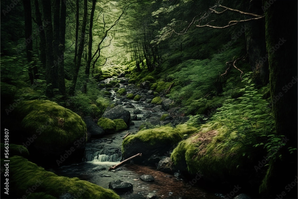 Premium AI Image  A stream in the forest with rocks and trees