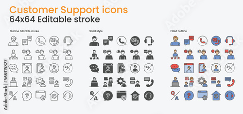 Customer support icons set. 64x64 editable stroke