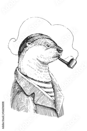 Vector vintage hand-drawn illustration of sailor otter with smoking pipe in engraving style. Sketch of funny animal character in clothes.