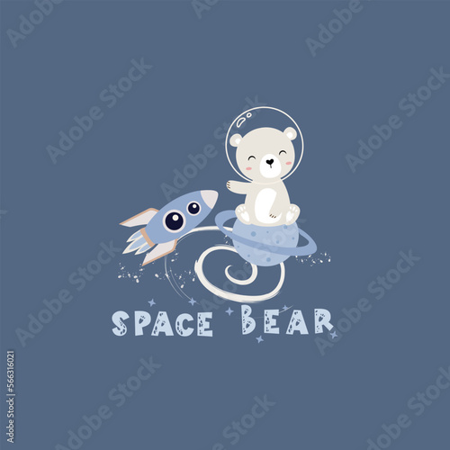 Cute cartoon bear in space. Bear astronaut illustration, star, planet, rocket - Space bear adventure
