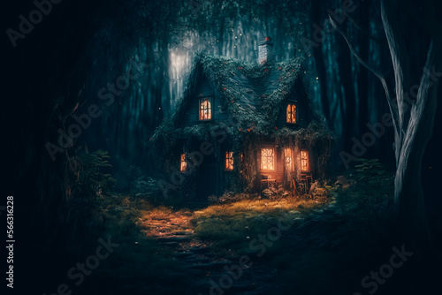 old cottage in dark forest cinematic