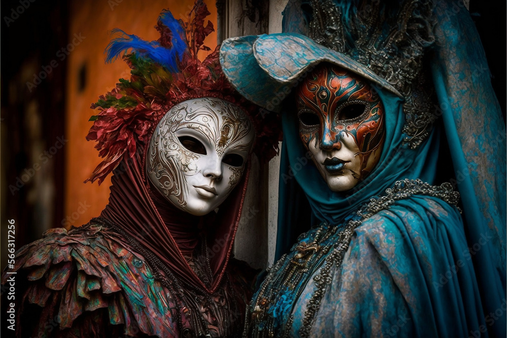 People wearing Carnival Venice beautiful colorful Mask, Italy Generative AI