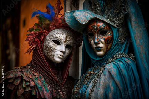 People wearing Carnival Venice beautiful colorful Mask, Italy Generative AI © Mr. Bolota