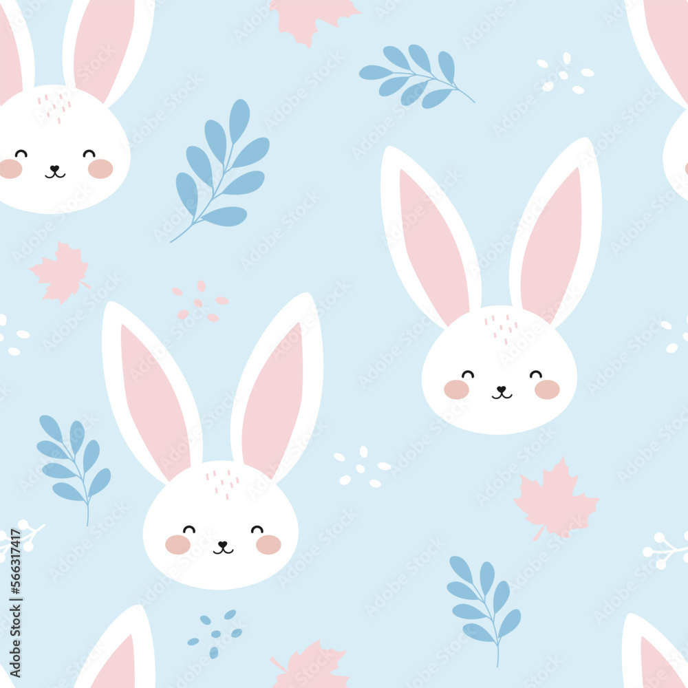 Seamless pattern with cute simple rabbit. Vector illustration. Happy rabbit. Design for wallpaper, background, wrapping, paper, textile