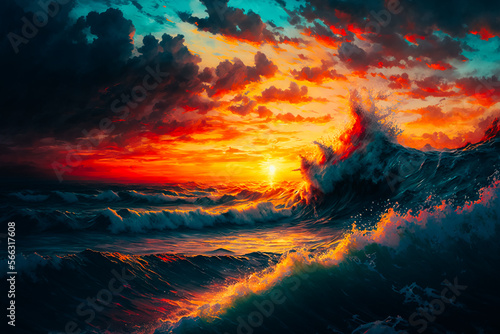 The ocean reflects a mesmerizing array of hues as the sun sets, painting the sky and waves in brilliant, vibrant colors