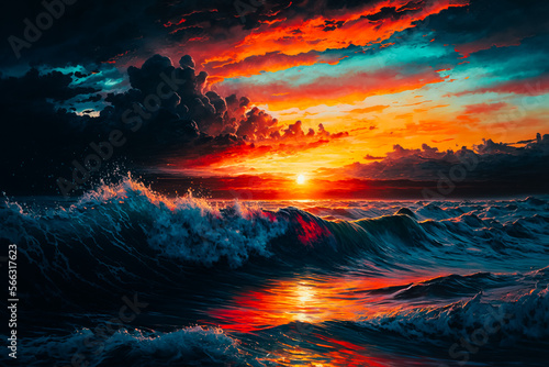 The ocean reflects a mesmerizing array of hues as the sun sets, painting the sky and waves in brilliant, vibrant colors © v.senkiv