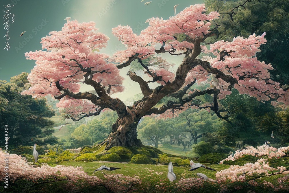 Flowering tree in the Japanese garden with birds. Fresco, Wallpaper for