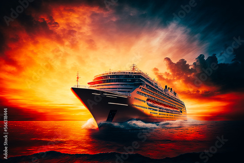 This image depicts a cruise ship sailing at dawn, with the focus on the warm golden light of the sunrise illuminating the ship