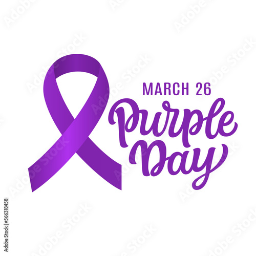 Purple day 26 march, hand lettering text with purple ribbon isolated on white background. World epilepsy day. Vector typography for posters, banners, flyers, social media