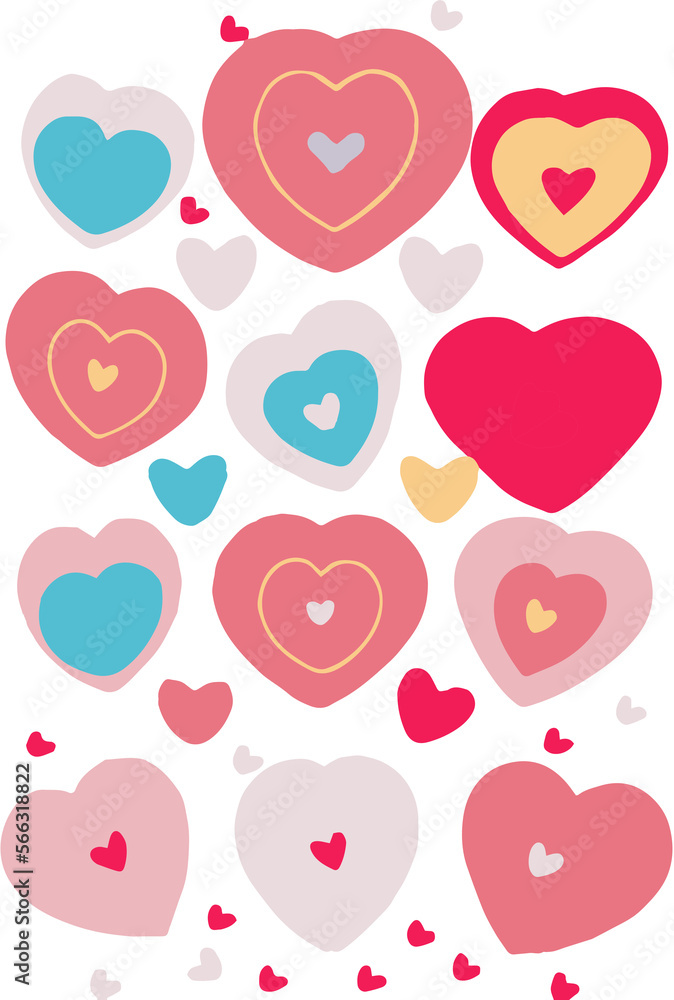 Lots of hearts with hearts inside them in cute soft colors on a transparent background, generative ai