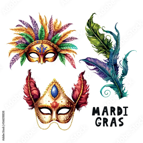 Composition for Mardi Gras. Group of traditional objects. Mask, beads and feathers. Hand drawn watercolor illustration on white background