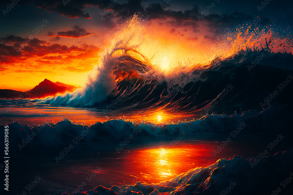 Waves crash against the shore as the sun dips below the horizon, casting a golden glow