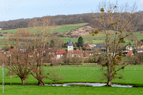 Cours d'eau, l'Andelle, rivière traversant des prairies humides. Village en arrière-plan photo