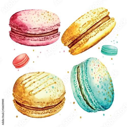 Watercolor set macaroons decorated isolated on white background. Hand drawn illustration of popular crunchy dessert for cafe decoration