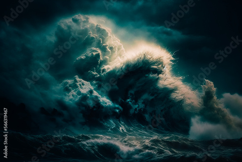 breathtaking photograph of a raging storm at sea, with bolts of lightning illuminating the turbulent waves and dark clouds