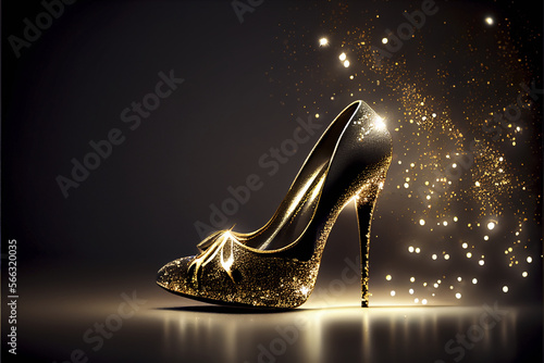 Gold luxury fashion shoe, with high heel. On a dark background with gold sparkling lights and glitters. Princess Cindarella shoe. AI generated.