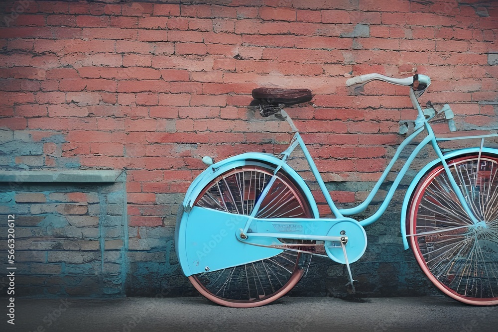 Pastel blue Vintage style bicycle close with red brick wall background - generative ai