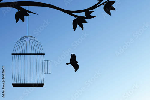 Freedom concept. Flying bird and cage vector. Emotion of freedom and happiness. Minimalist style. Bird set free.