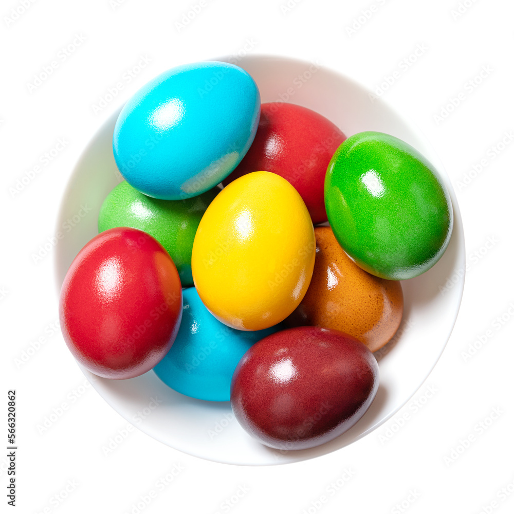 Multicolored Easter eggs in a white bowl. Group of rainbow colored Paschal eggs. Colorful dyed, hard boiled chicken eggs, traditionally used during Eastertide, to celebrate the resurrection of Jesus. Multicolored Easter eggs in a white bowl. Group of rainbow colored Paschal eggs. Colorful dyed, hard boiled chicken eggs, traditionally used during Eastertide, to celebrate the resurrection of Jesus.