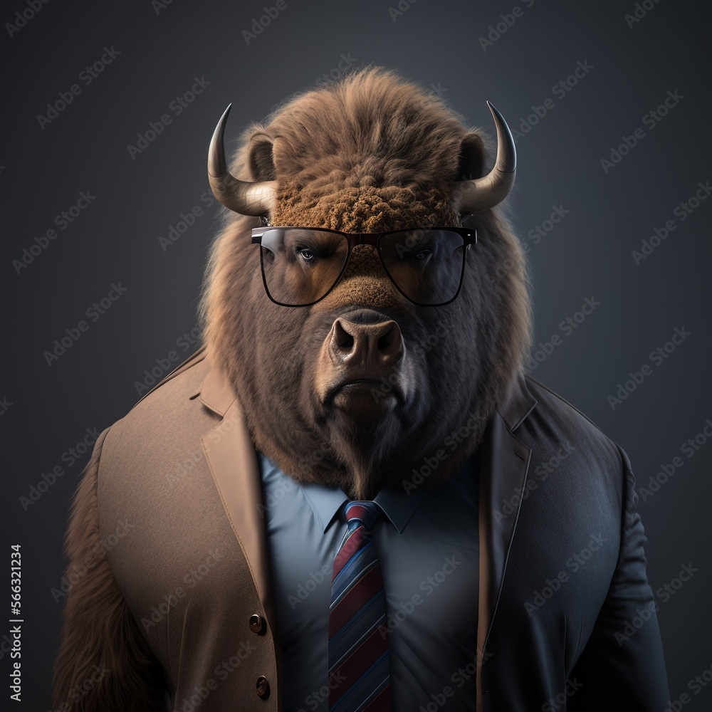Illustration of bison photography in a suit as mascot character generative ai Illustration of bison photography in a suit as mascot character generative ai