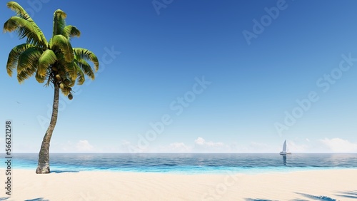 Fototapeta Naklejka Na Ścianę i Meble -  8K. Blue sky over the sea and beach. Waves washing the sand. Palm trees on the caribbean tropical beach. Vacation travel background. 