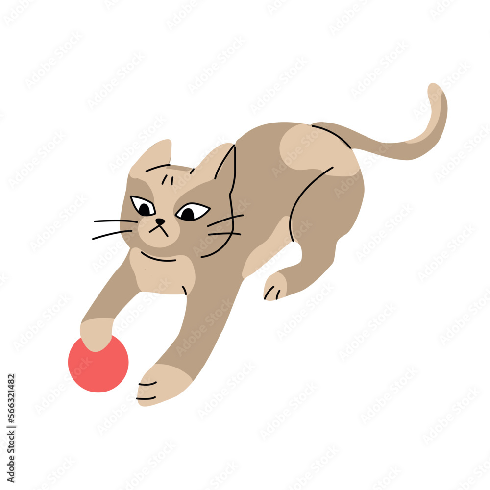 Naklejka premium Illustration of excited funny cat, playing with a red ball, with ears backward