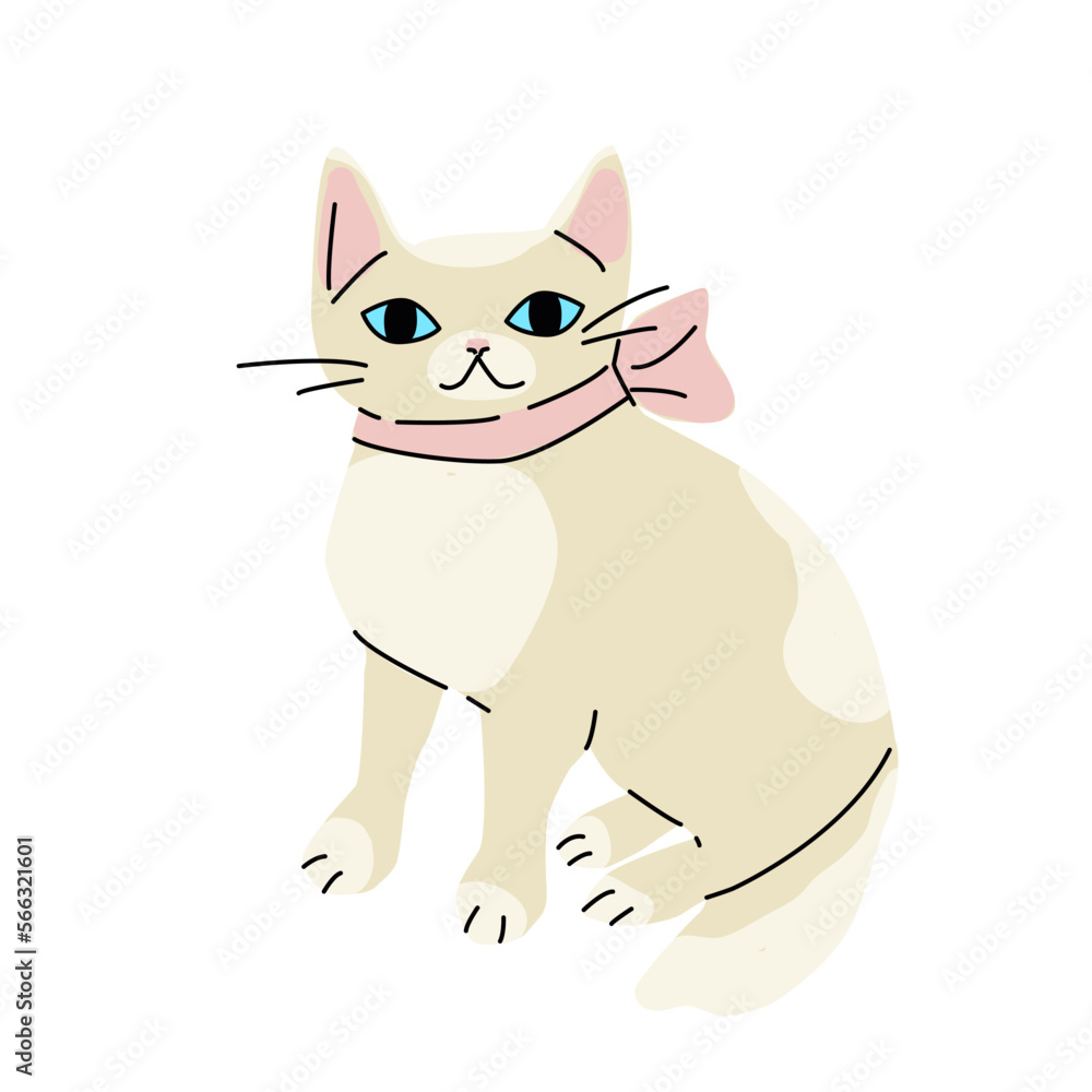 Illustration of cute beige cat with pink bow on the neck, sitting and smiling Illustration of cute beige cat with pink bow on the neck, sitting and smiling