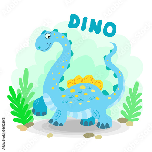Dino. Cute cartoon blue dinosaur. Children's illustration. For the design of prints, posters, cards, puzzles, board games and so on. Vector