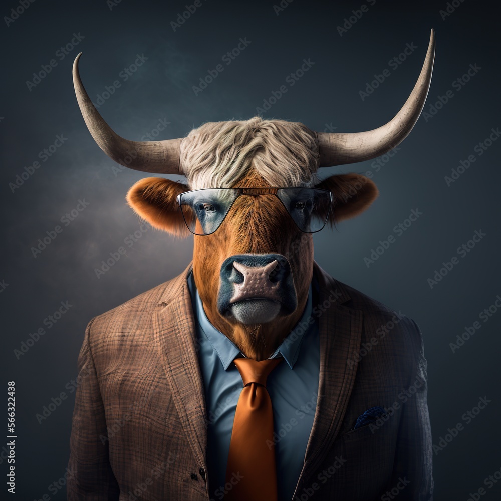 Illustration of Longhorn bull photography in a suit as mascot character generative ai Illustration of Longhorn bull photography in a suit as mascot character generative ai