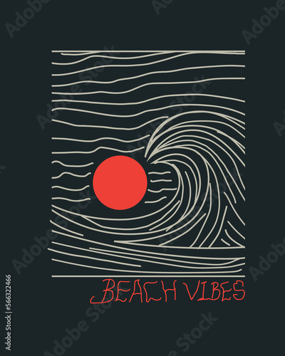 Beach Vibes sunshine ocean waves line wall art poster design t shirt print vector