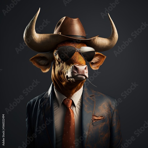 Illustration of Longhorn bull photography in a suit as mascot character generative ai