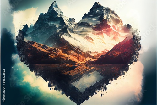 Heart. Double exposure heart. love for mountains poster valentines day background. Generative AI