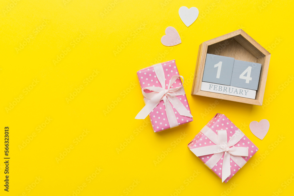 Valentine Day theme with wooden block calendar. Greeting card template for Valentines Day copy space for text Valentine Day theme with wooden block calendar. Greeting card template for Valentines Day copy space for text